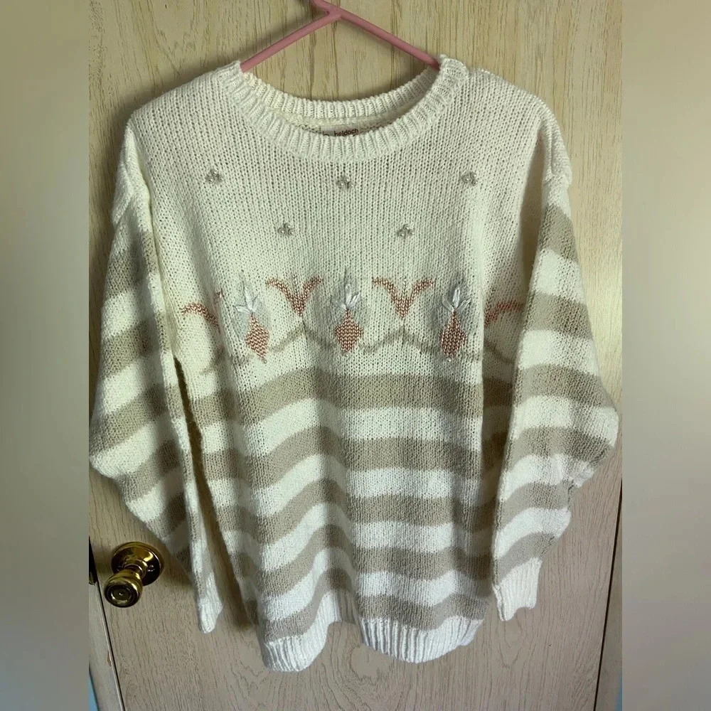 🩷 Vintage Beldoch Popper Ivory Pearl Stripe Sweater Sz Med